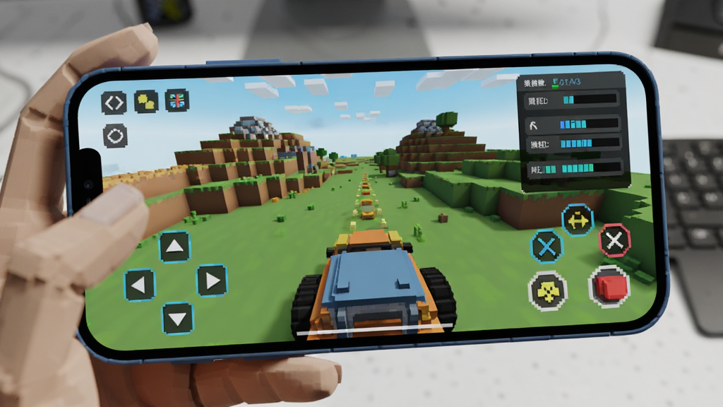 ����Ϊ�ֻ�������ʾ���ؼ�ʻ��Ϸ���������ⰴ�����֣�����Ϊ�ֳ��豸��д�ӽǣ��Ű�����Ļռ�ݻ������塢����Ϊ������滷�������Ϊ�Ƽ������Ʒչʾ�磬ϸ�ڰ�����Ļ�ڷ�����Ρ����������򰴼��뻭��������壬�����������������߾��ȡ��޶���Ԫ��