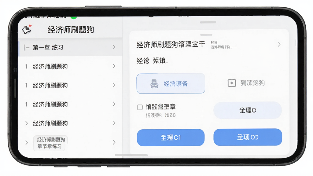 一部手机屏幕上显示经济师刷题狗的章节练习界面,画面中有“经济师刷题狗”应用名称,左侧是章节列表,右侧是题目卡片和选项按钮,界面排版规整,风格清爽,浅灰白配色,细节清晰,画质干净,无多余元素