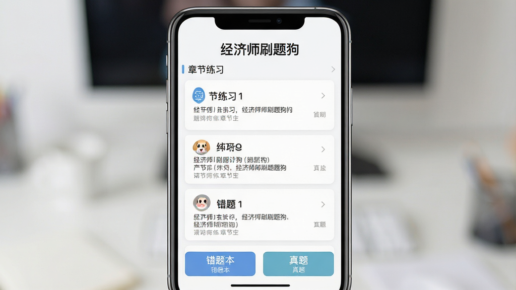 一张展示经济师刷题狗应用主界面的手机截图风格图,画面中央是一部竖屏手机,手机屏幕上显示题库练习首页,顶部有“经济师刷题狗”字样,中部是章节练习卡片列表,底部是错题本和真题入口按钮,整体布局清晰,风格简洁现代,浅色背景,细节干净,画质高清,无多余元素
