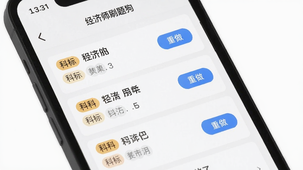 一部手机展示经济师刷题狗的错题本页面,屏幕上有“经济师刷题狗”字样,页面中列出多条错题记录,每条带有科目标签和重做按钮,布局整齐,风格简约,浅色界面,画质清晰,干净无杂乱元素