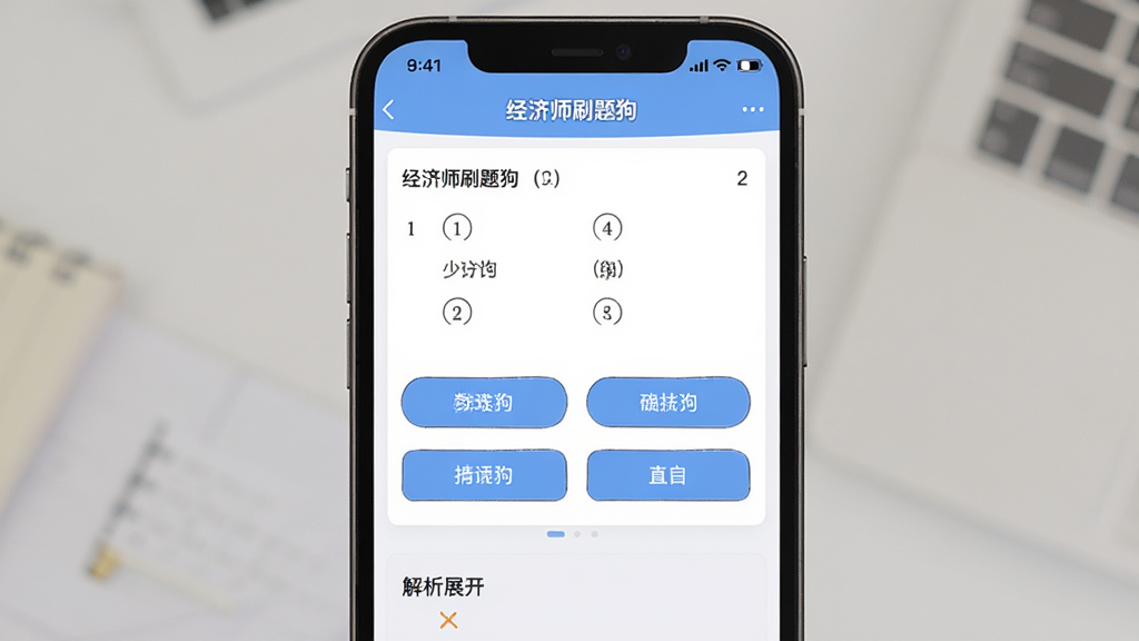 一部手机屏幕显示经济师刷题狗的答题界面,画面中有“经济师刷题狗”应用名称,屏幕中央是一道选择题和四个选项按钮,底部有解析展开区域,整体排版清晰,浅色背景,风格简洁,画质高清,干净无多余元素