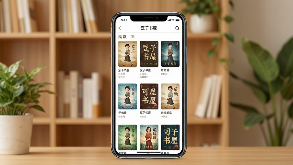 一张展示手机阅读应用主界面的场景图,画面中央是一部竖屏智能手机,屏幕显示豆子书屋的书架页面,整齐排列着多本小说封面,背景为柔和暖色调的书房环境,有木质书架和绿植点缀,整体风格清新简约,细节丰富,画质清晰干净,无多余元素