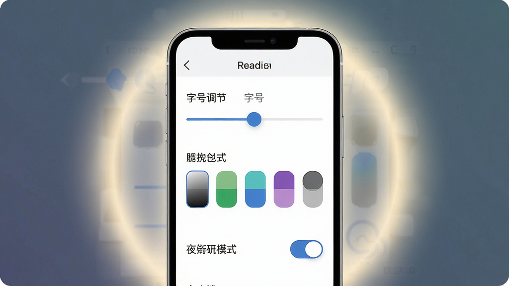 一张展示阅读设置界面的手机截图风格插画,手机屏幕中显示字号调节滑块、背景色选择色块和夜间模式开关,界面排版整洁,周围有柔和光晕,风格现代简约,细节清晰,画质干净,无杂乱元素