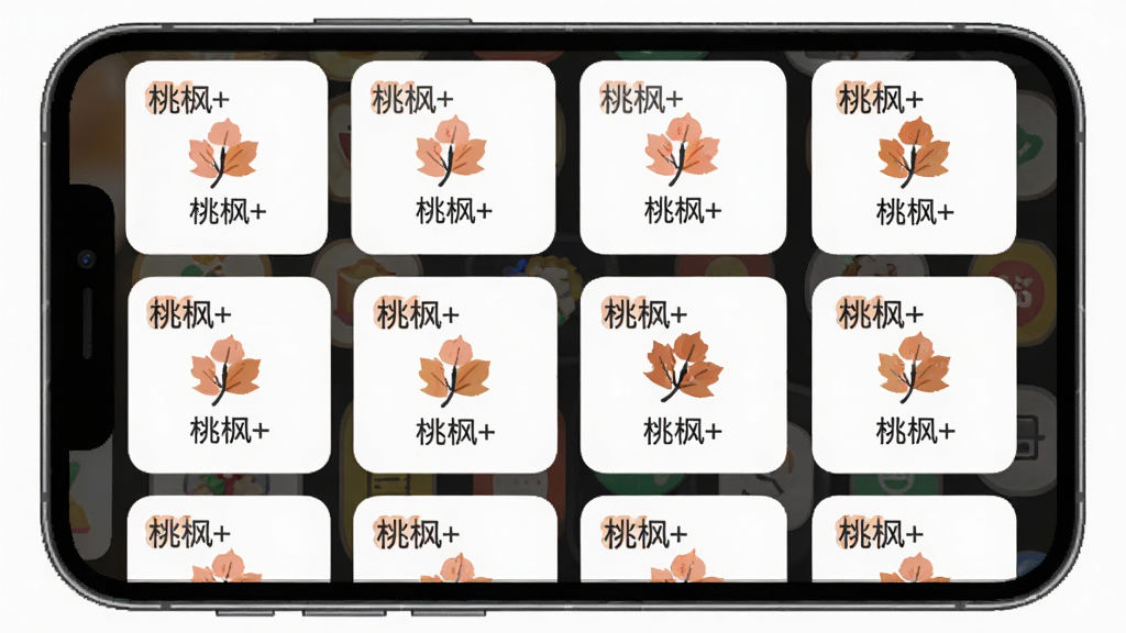 一张桃枫+功能聚合界面的示意图,画面主体为手机屏幕内整齐排列的多个功能卡片,卡片上标注「桃枫+」字样,布局为网格状,风格清爽扁平化,细节表现卡片图标与文字,画质干净清晰,无多余元素
