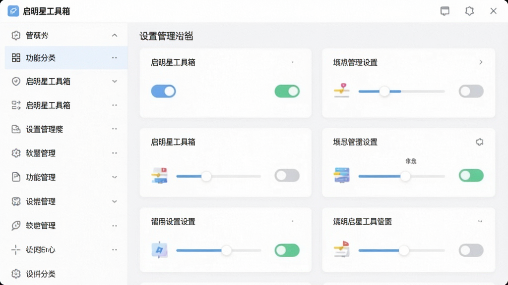 一张软件功能界面示意图,画面主体为启明星工具箱的设置管理页面,左侧为功能分类列表,右侧为具体设置选项卡片,布局为左右分栏结构,风格为清爽的浅色UI设计,细节包含开关按钮、滑块、图标等控件,画质干净清晰,无多余元素