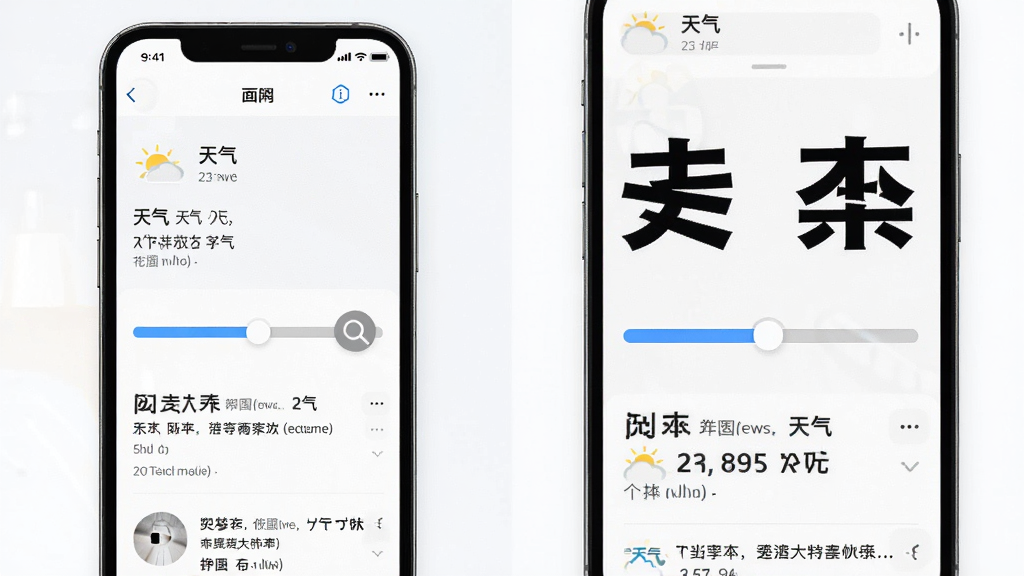 清楚看大字字体放大功能展示,手机屏幕左右对比,左侧为普通小字界面,右侧为放大后的超大字体界面,中间有滑动调节条与放大镜图标,界面风格简洁明亮,文字内容为天气与新闻示例,画质清晰,干净无多余元素