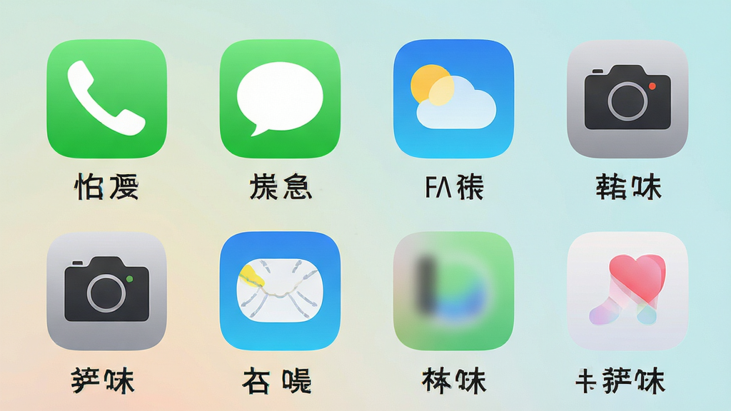 清楚看大字大字桌面模式展示,手机主屏幕显示超大图标与超大文字标签,图标包括电话、短信、天气、相机等,排列整齐,背景为柔和浅色,界面干净清爽,画质细腻,无多余装饰元素