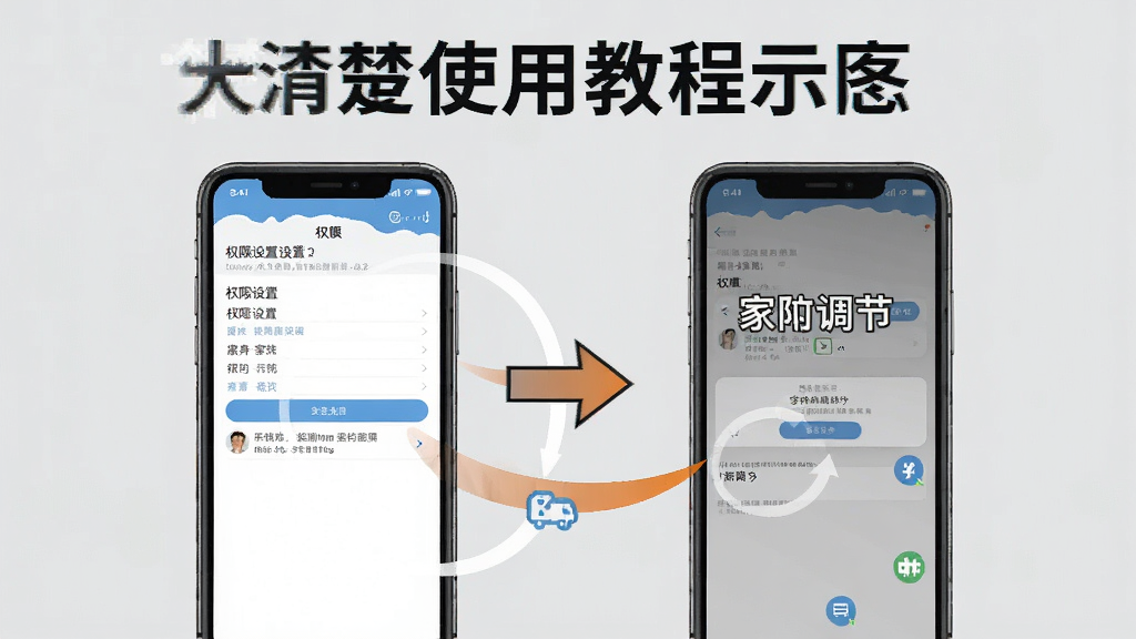 清楚看大字使用教程示意图,手机屏幕展示权限设置页面与字体调节界面,旁边有箭头指引操作步骤,界面风格清晰直观,背景为浅灰色,画质干净,无多余元素