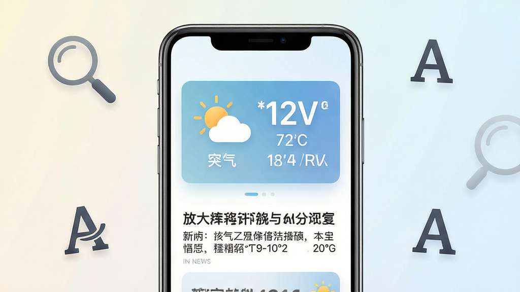 清楚看大字软件主界面展示,手机屏幕居中,屏幕上显示放大的天气信息与新闻文字,大号字体清晰醒目,界面简洁干净,背景为浅色渐变,周围点缀放大镜与字体图标元素,整体风格清爽现代,画质细腻,干净无多余元素