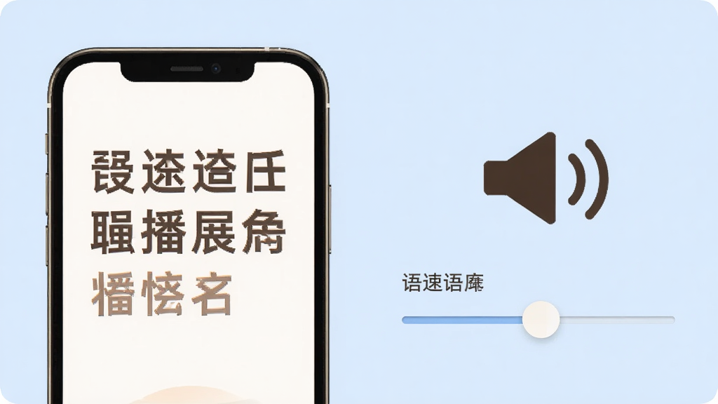 清楚看大字语音播报功能展示,手机屏幕显示文字内容与扬声器图标,旁边有语速调节滑块,界面风格温馨简洁,背景为浅蓝色调,画质清晰,干净无多余元素