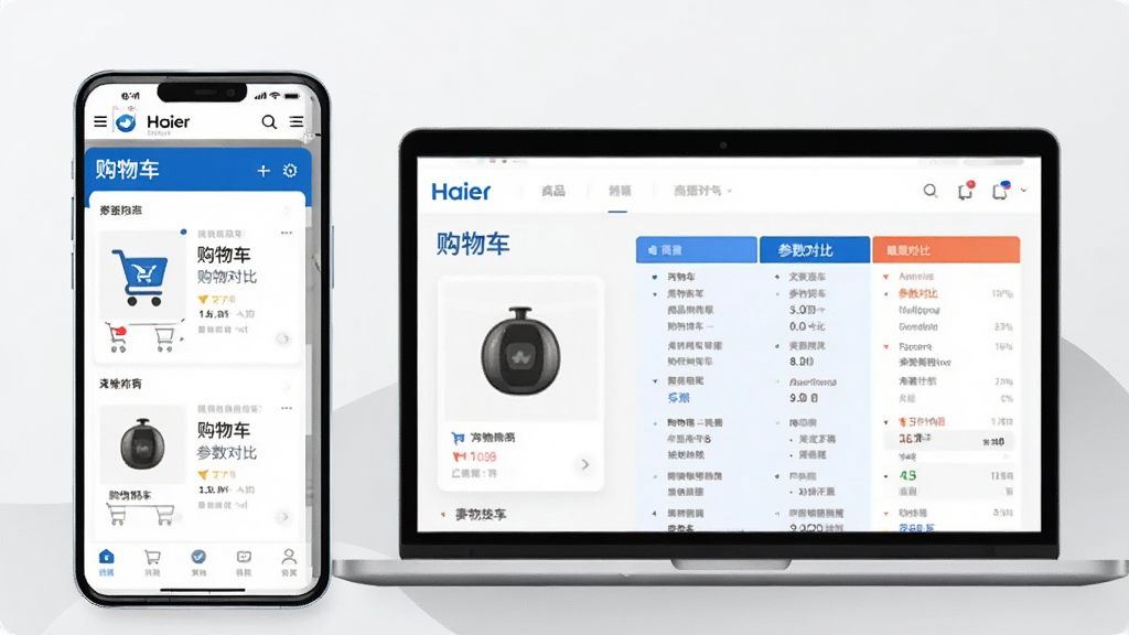 主体为一部手机与一台笔记本电脑并排展示,手机屏幕为海尔商城App购物车页面,电脑屏幕为商品参数对比页;布局为左右并列构图;排版整洁;风格为简约科技感插画;细节上屏幕文字分别使用