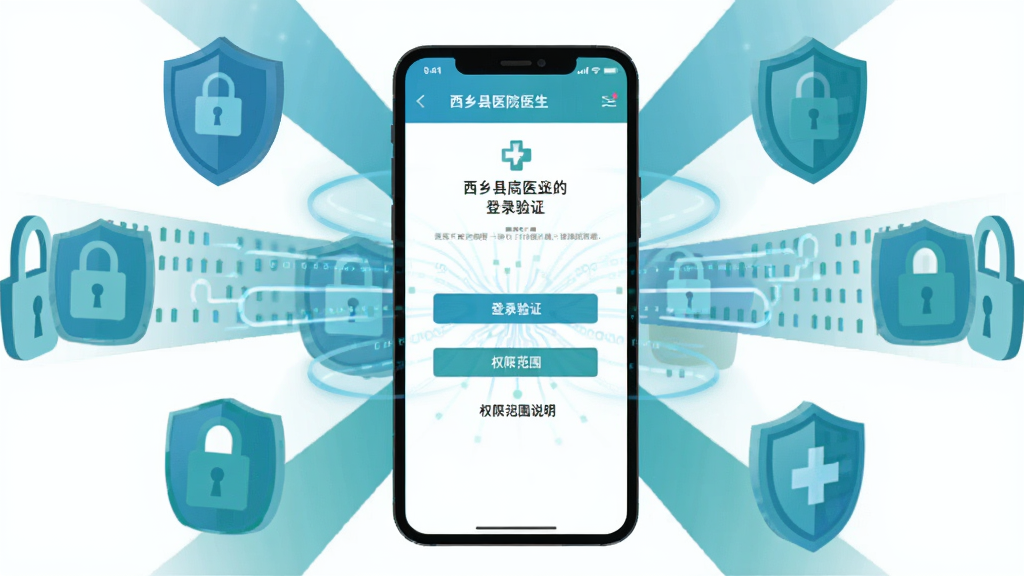 西乡县医院医生端隐私安全功能示意图,画面中央是一部手机屏幕显示登录验证界面与权限范围说明,手机周围环绕盾牌图标、锁形图标与数据加密线条等安全元素,布局为手机居中、安全图标环绕四周的放射状构图,风格为简约安全主题插画,细节包括蓝绿色调、扁平化图标、清晰的应用界面文字,画质清晰,干净,无多余元素