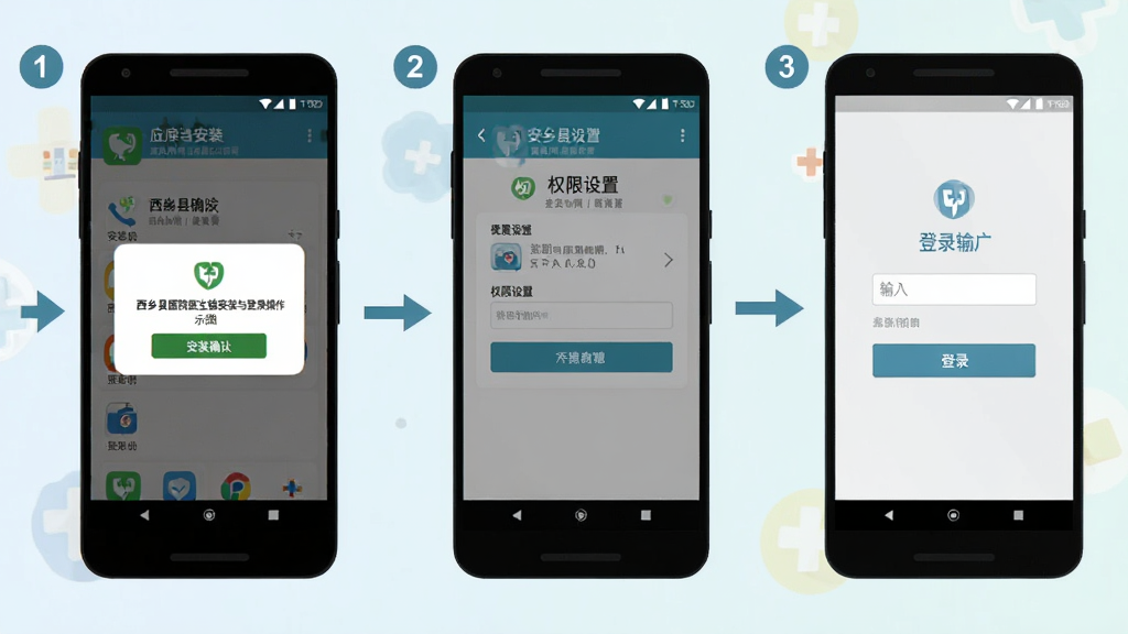 西乡县医院医生端安装与登录操作示意图,画面展示一部安卓手机从应用安装界面到登录页面的三步流程,三个手机屏幕并排横向排列,分别显示安装确认弹窗、权限设置页面与登录输入框,布局为横向等距三格构图,风格为扁平化教程图示,细节包括清晰的步骤编号、浅色背景、简洁图标与文字说明,画质清晰,干净,无多余元素
