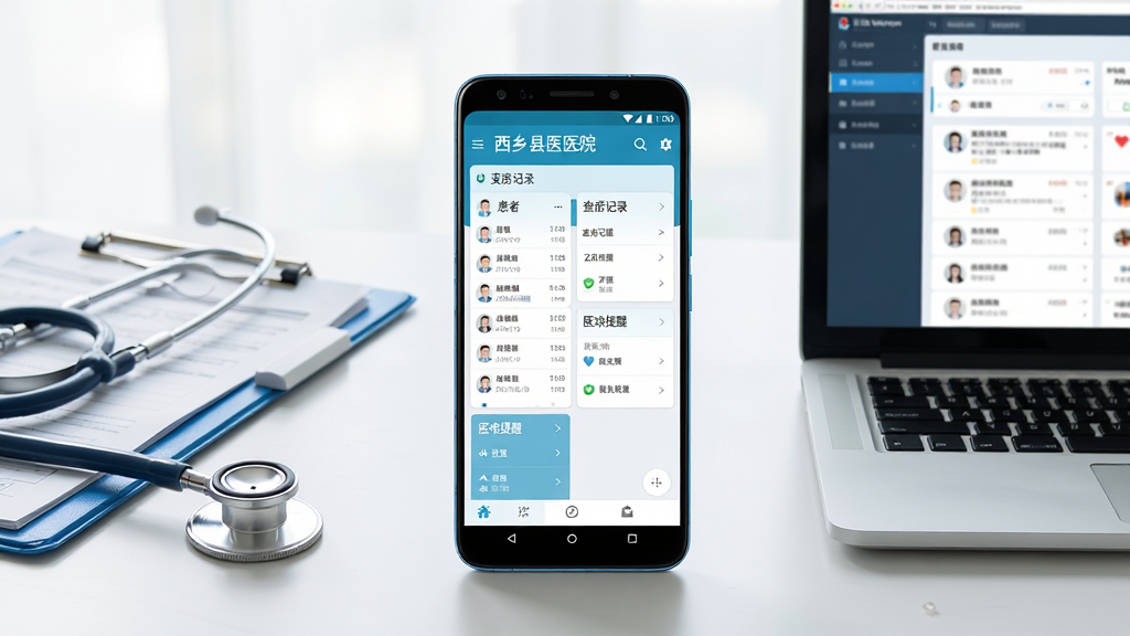 一张展示西乡县医院医生端手机应用界面的场景图,画面中央是一部竖直摆放的安卓手机,屏幕显示医生端首页,包含患者列表、查房记录、医嘱提醒等卡片式模块,手机左侧摆放听诊器与病历夹,右侧有一台笔记本电脑显示医院信息系统后台,整体布局为居中对称构图,风格为写实医疗办公场景,细节包括干净的白色桌面、柔和自然光、浅蓝与白色主色调,画质清晰,干净,无多余元素