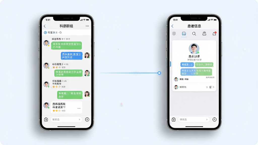 西乡县医院医生端科室协作界面图,画面展示两部手机并排摆放,左侧手机显示科室群组聊天列表,右侧手机显示患者信息分享卡片,两机之间用细线连接示意消息同步,布局为左右对称横向构图,风格为简洁科技感产品展示,细节包括浅色背景、手机屏幕内清晰的聊天气泡与头像、柔和的投影效果,画质清晰,干净,无多余元素