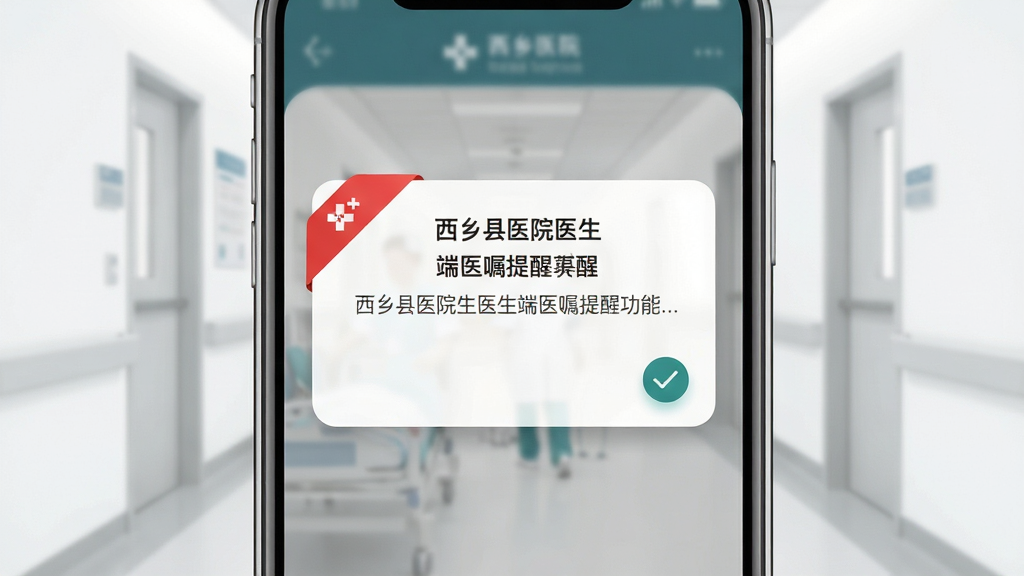 西乡县医院医生端医嘱提醒功能界面图,画面中央是一部手机特写,屏幕弹出医嘱待处理提醒卡片,卡片上有醒目的红色角标与勾选按钮,手机后方以浅灰色调呈现医院走廊的模糊轮廓,布局为手机居中放大、背景简洁留白,风格为扁平化应用展示风格,细节包括通知卡片圆角设计、清晰文字排版、柔和阴影,画质清晰,干净,无多余元素