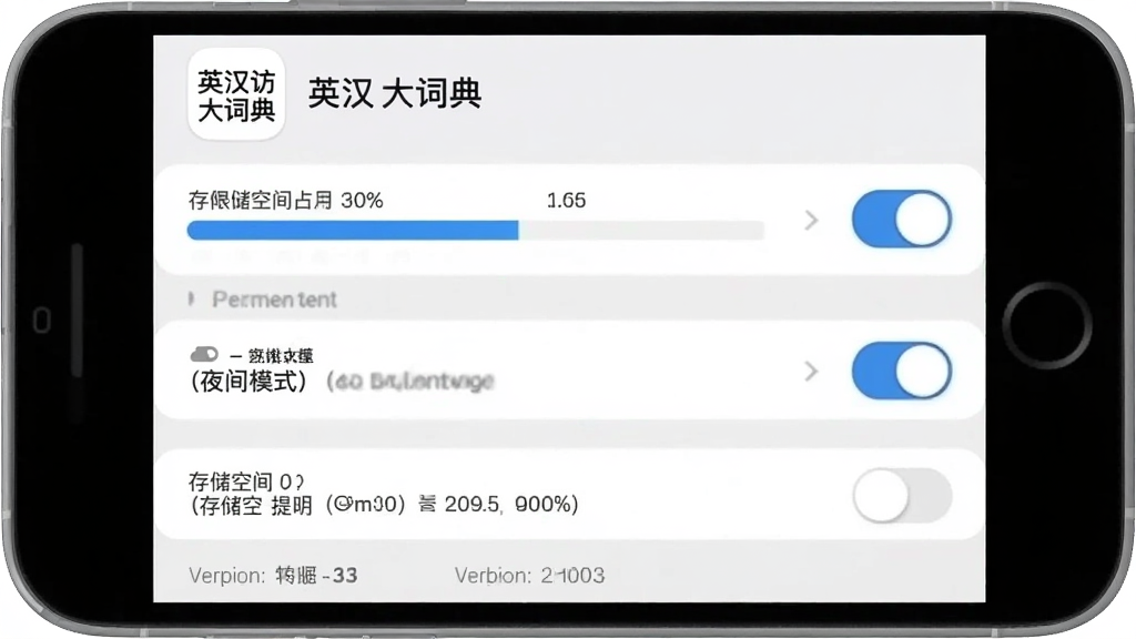 主体为手机屏幕显示英汉大词典应用设置页面,包含权限管理、夜间模式开关与存储空间提示;布局为纵向列表,顶部为应用图标与名称;排版清晰,设置项分组排列;风格为扁平化界面示意图,配色以白灰为主,开关按钮为蓝色;细节包括存储空间占用条、权限开关状态、版本信息栏;画质清晰,干净,无多余元素