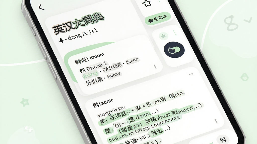 主体为英汉大词典应用词条详情页,屏幕显示单词释义、例句列表与发音按钮;布局为上下结构,上方为单词与音标,中部为释义卡片,下方为例句区域;排版疏朗,卡片圆角设计;风格为清新浅色系插画,配色以白底配淡绿强调色;细节包括生词本收藏星标、夜间模式切换图标、例句高亮标记;画质清晰,干净,无多余元素