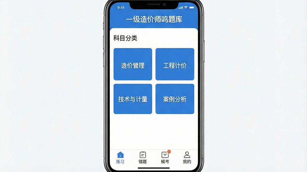 一张展示一级造价师鸣题库软件主界面的手机屏幕预览图,画面中央为手机竖向摆放,屏幕内显示题库首页布局,顶部有软件名称文字“一级造价师鸣题库”,中部为科目分类卡片式按钮,包含造价管理、工程计价、技术与计量、案例分析四个模块,底部为练习、错题、模考、我的四个导航图标,整体采用蓝白配色,风格简洁商务,细节清晰,画质干净,无多余元素