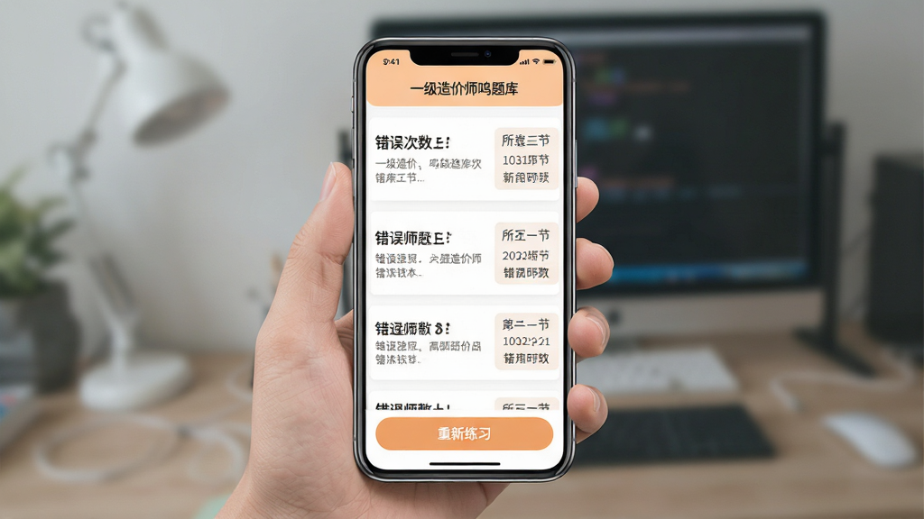 一张展示一级造价师鸣题库错题本功能页面的手机界面图,画面为手机竖向屏幕,屏幕内显示错题列表,每条错题右侧标注错误次数与所属章节,顶部有“一级造价师鸣题库”字样,底部有“重新练习”按钮,配色采用淡橙色与白色搭配,风格温和友好,细节清晰,画质干净,无多余元素