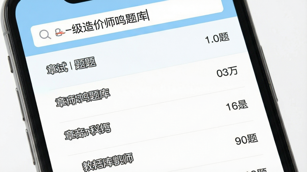 一张展示一级造价师鸣题库题库分类页面的手机界面图,画面为手机屏幕特写,屏幕内以列表形式展示四大考试科目及其下属章节,每个章节右侧标注题目数量,顶部搜索框内显示文字“一级造价师鸣题库”,配色以浅蓝和白色为主,风格清新简约,布局清晰有序,画质干净,无多余元素