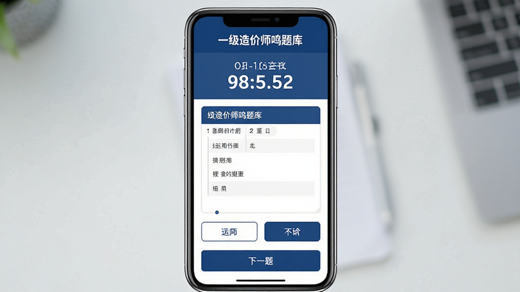 一张展示一级造价师鸣题库模拟考试界面的手机界面图,画面为手机屏幕,屏幕内显示考试倒计时与答题卡区域,上方有“一级造价师鸣题库”标识,下方为选项按钮与下一题按钮,配色以深蓝与白色为主,风格沉稳专业,布局规整,画质干净,无多余元素