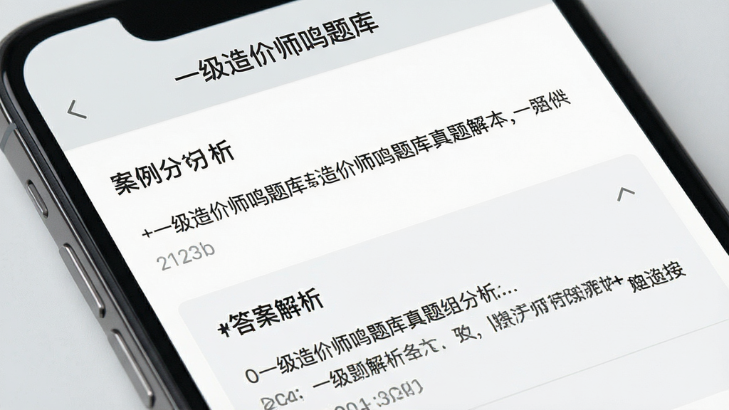 一张展示一级造价师鸣题库真题解析页面的手机界面图,画面为手机屏幕特写,屏幕内显示一道案例分析题及下方展开的答案解析区域,顶部有“一级造价师鸣题库”文字,配色以浅灰与白色为主,风格素雅清晰,文字排版整齐,画质干净,无多余元素