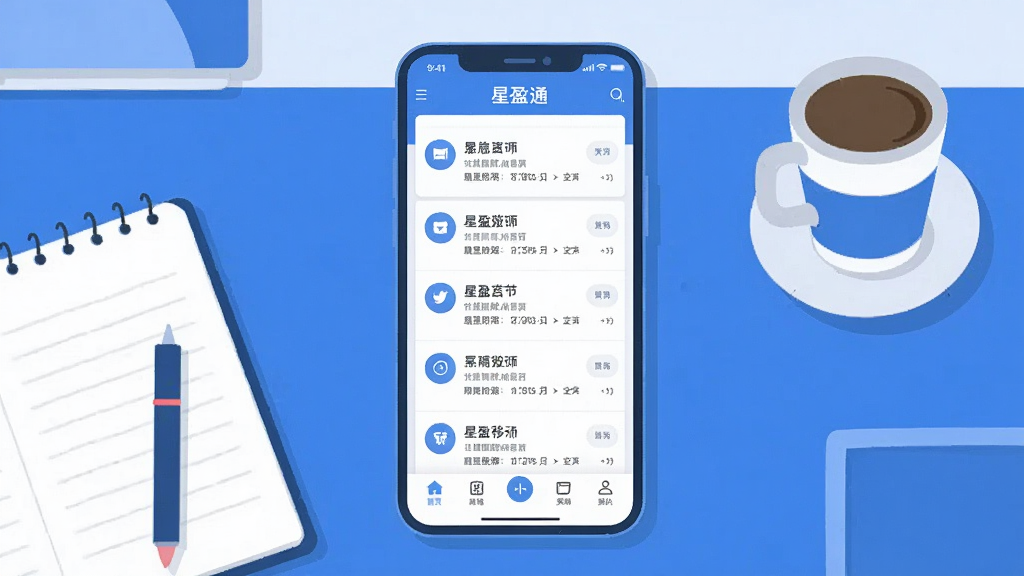一张展示星盈通移动应用主界面的场景图,画面中央是一部竖屏智能手机,屏幕上呈现星盈通应用的消息列表与底部导航栏,手机周围环绕着简洁的办公桌背景,桌面放置笔记本和咖啡杯,整体采用扁平化插画风格,色调以蓝白为主,细节清晰,画质干净,无多余装饰元素
