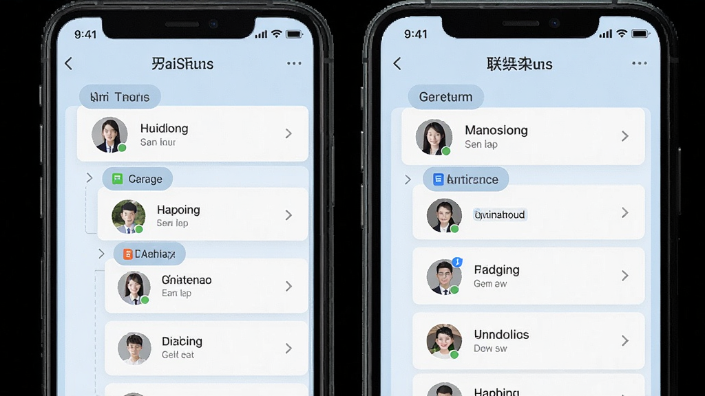 一张星盈通通讯录与组织架构页面的手机界面展示图,画面中手机屏幕呈现分层级的联系人列表和部门分组标签,界面采用卡片式布局,背景为柔和浅蓝色,扁平化设计风格,细节清晰展示头像与分组标识,画质干净,无杂乱元素