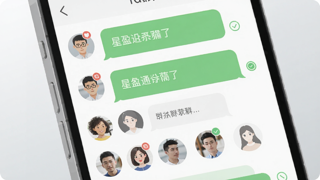一张表现星盈通群组聊天功能的界面示意图,画面主体为手机屏幕特写,屏幕上显示多个群组对话气泡和成员头像排列,界面风格简洁现代,背景为浅灰色渐变,插画风格扁平,细节突出消息气泡与已读标记,画质清晰干净,画面中不出现多余文字元素