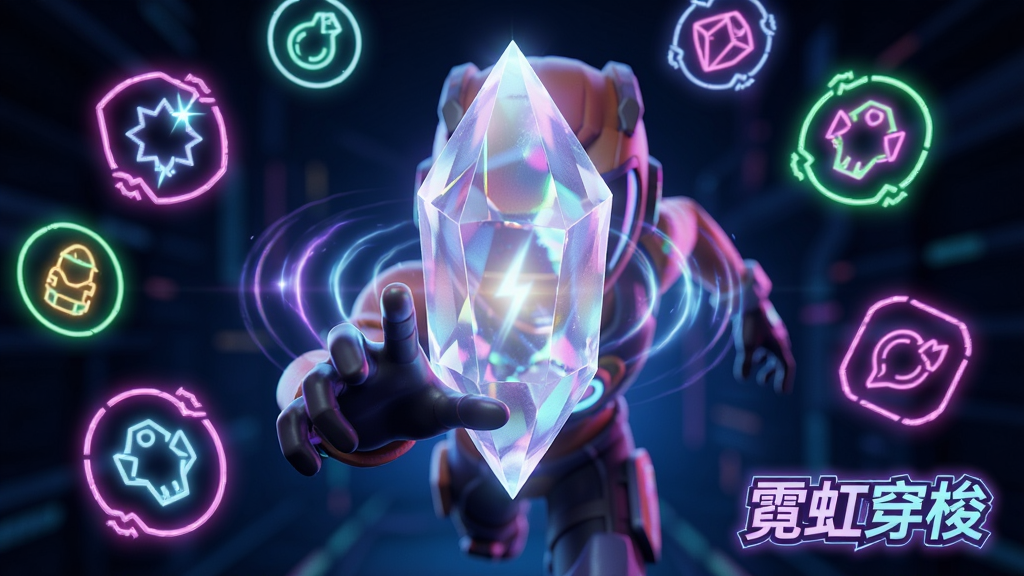 主体为霓虹穿梭游戏中的能量晶体与增益道具环绕奔跑角色的画面,布局为居中特写构图,角色位于画面中央伸手触碰发光晶体,四周漂浮多种霓虹道具图标,排版上“霓虹穿梭”以小型发光标识置于右下角,风格为科技感游戏宣传图,细节包含晶体折射光、能量波纹与霓虹光晕,画质高清、干净、无多余元素