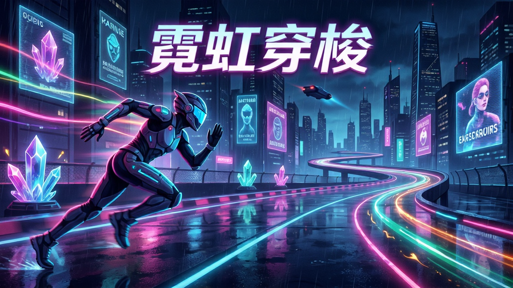 主体为一位赛博朋克风格的角色在霓虹闪烁的未来城市赛道上高速奔跑,布局为横向宽幅构图,左侧是角色冲刺动态,右侧延伸出流光轨道与高楼剪影,排版上游戏标题“霓虹穿梭”以发光字体置于画面上方居中,风格为赛博朋克霓虹插画,细节包含霓虹光带、能量晶体、雨夜反光地面与全息广告牌,画质高清、色彩鲜艳、干净、无多余元素