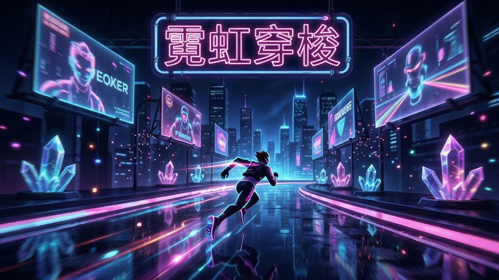 主体为霓虹穿梭游戏中的赛道场景,布局为纵向手机屏幕比例,上方是发光全息广告牌与城市天际线,中间是带有流光拖尾的奔跑角色,下方是反光湿润的赛道,排版上“霓虹穿梭”字样以霓虹灯管形态嵌在画面顶部,风格为赛博朋克数字艺术,细节包含粒子光点、能量晶体与霓虹光带,画质高清、干净、无多余元素