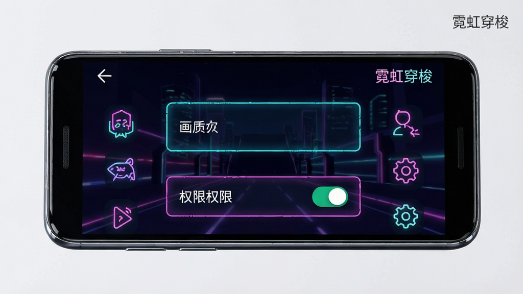 主体为一部安卓手机屏幕显示霓虹穿梭游戏设置界面,布局为居中手机特写,屏幕内可见画质选项与权限开关,排版上画面右上角有“霓虹穿梭”小字标识,风格为简洁科技产品展示图,细节包含手机边框反光、界面霓虹配色与清晰图标,画质高清、干净、无多余元素