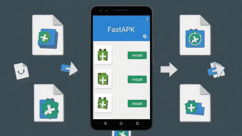 һ��չʾ��׿�ֻ���Ļ�Ļ��棬��Ļ������ʾFastAPKӦ�������棬�����࣬�����С�FastAPK���������·��г����APK�ļ�ͼ��Ͱ�װ��ť���ֻ���Χ�������ļ�ͼ��Ͱ�װ��ͷ���ƣ����岼�־��У����Ϊ��ƽ���Ƽ�����ƣ�ϸ�ڰ��������İ�ť���ļ��б��������������ɾ����޶���Ԫ��