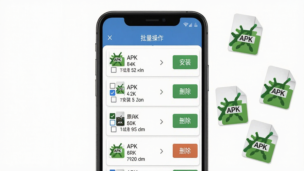 һ��չʾFastAPK�������������ʾ��ͼ���ֻ���Ļ����ʾ���APK�ļ����б���ʽ���У�ÿ���ļ�����и�ѡ���Ҳ��а�װ��ɾ����ť�������С�������������ǩ���ֻ��Ա�ɢ���ż���APK�ļ�ͼ�꣬�������������Ϊ��๤���������ƣ�ϸ�ڰ�����ѡ״̬���ļ���С��Ϣ�������������ɾ����޶���Ԫ��