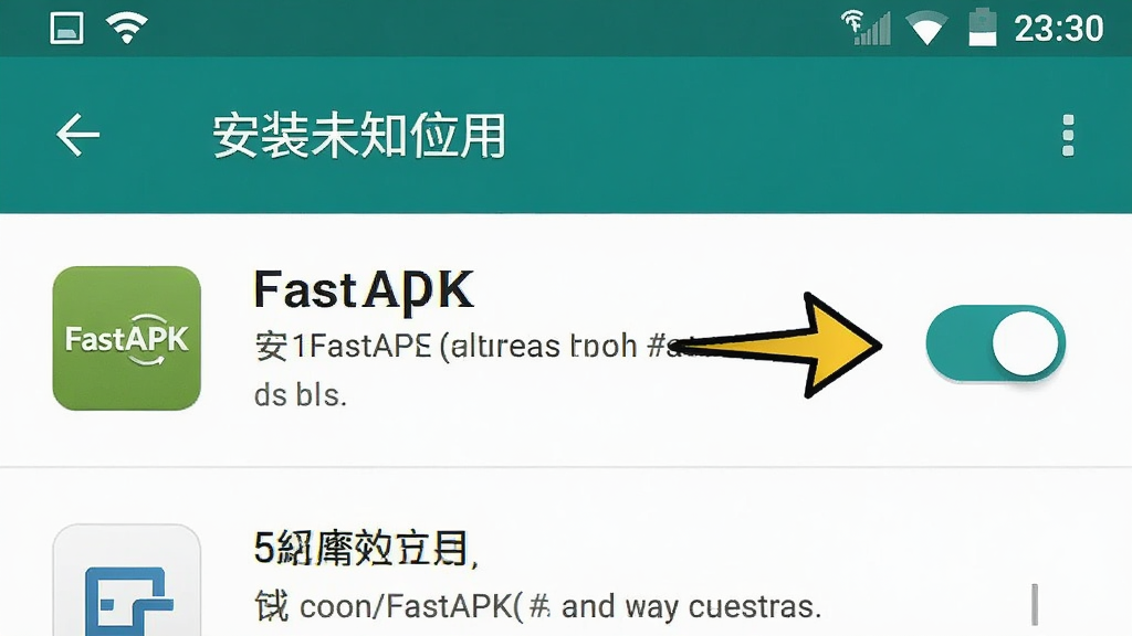 һ��չʾ��׿�ֻ����ý����ʾ��ͼ����Ļ����ʾ����װδ֪Ӧ�á�Ȩ�޿���ҳ�棬FastAPKͼ��λ���б����ҿ��ش��ڿ���״̬���Ա��м�ͷָʾ�������裬������Ϊԭ����׿����ҳ�棬ϸ�ڰ������ذ�ť��Ȩ��˵�����֣������������ɾ����޶���Ԫ��