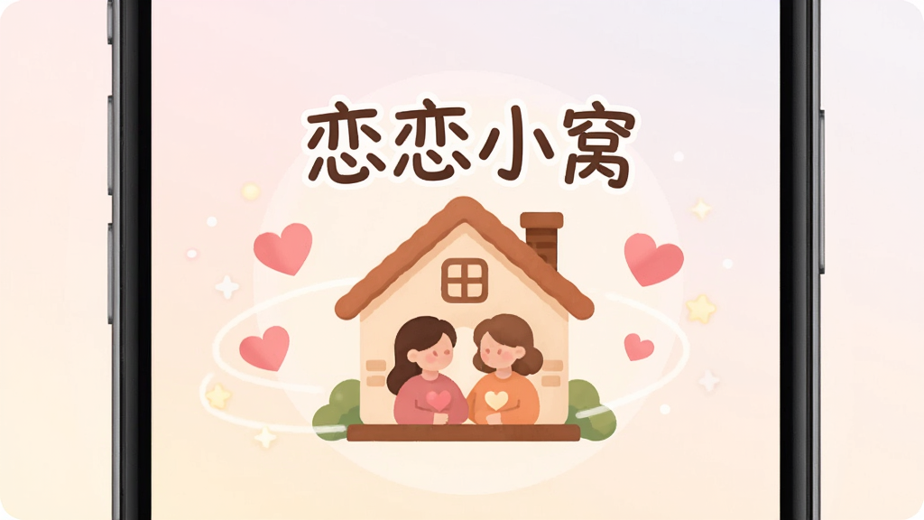 手机屏幕中央展示一个温馨的双人小屋图标,小屋上方写着