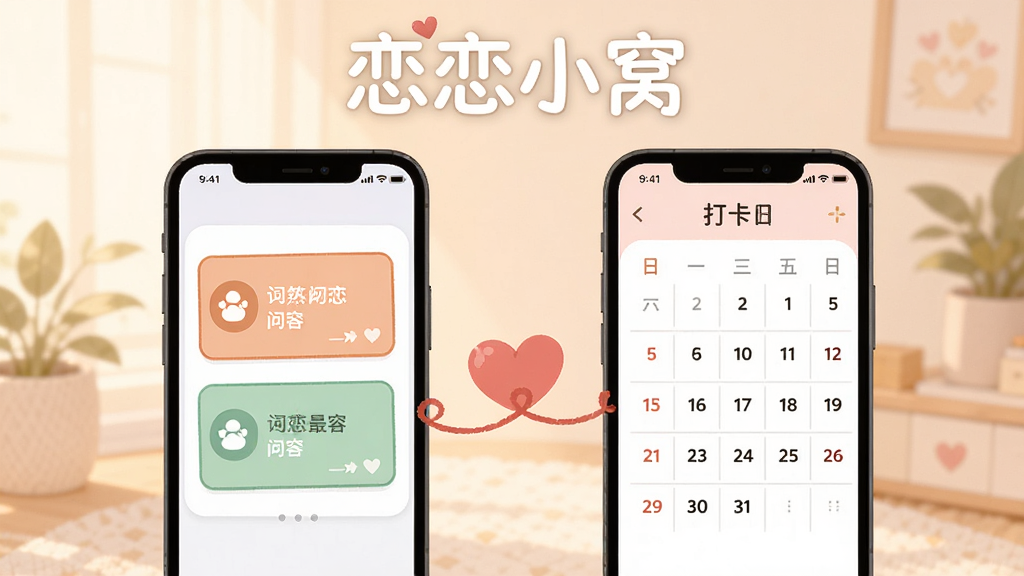 两部手机并排展示,屏幕上分别是问答卡片和打卡日历界面,中间用爱心连线连接,上方写着