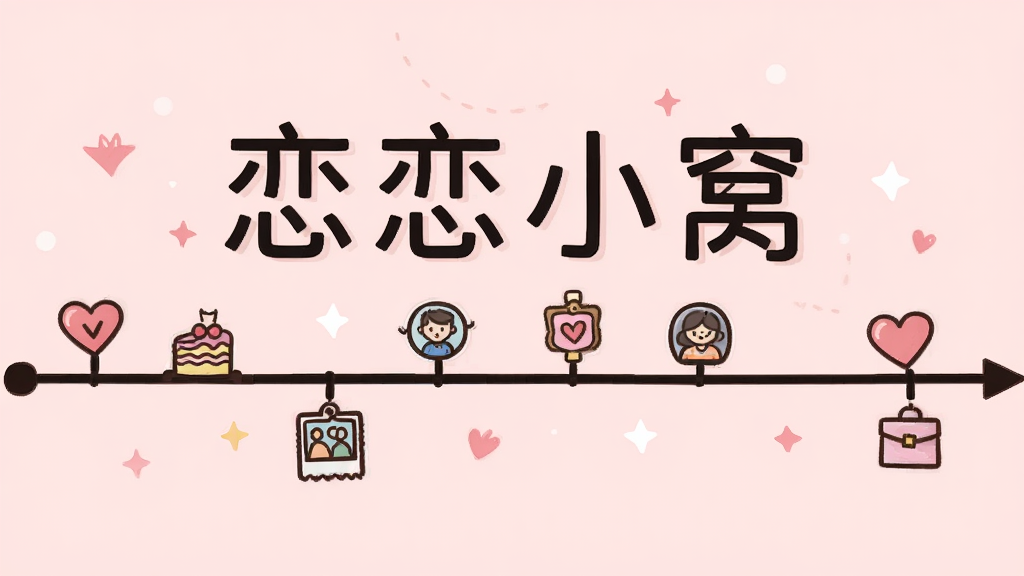 一条横向时间轴贯穿画面,轴上分布着爱心、蛋糕、照片等小图标,时间轴上方写着