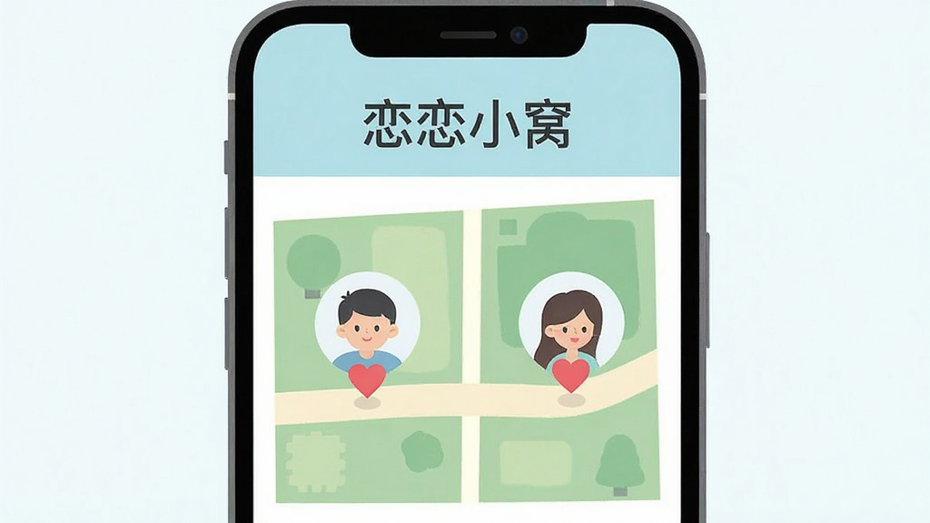 手机屏幕显示一张简化地图,地图上有两个带爱心标记的头像位置,屏幕顶部写着