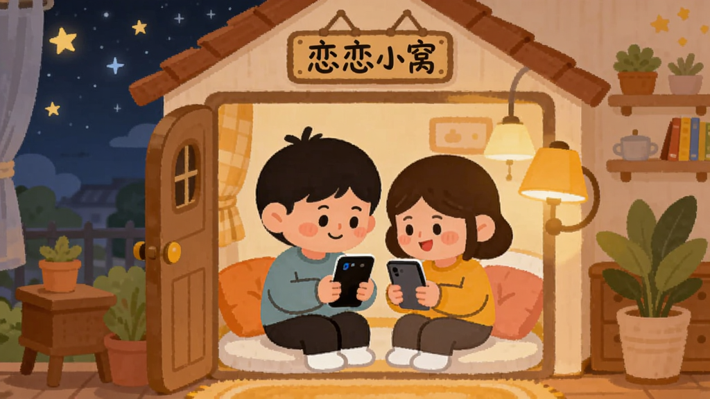 两个卡通人物坐在一间温馨小屋里一起看手机,小屋门牌上写着