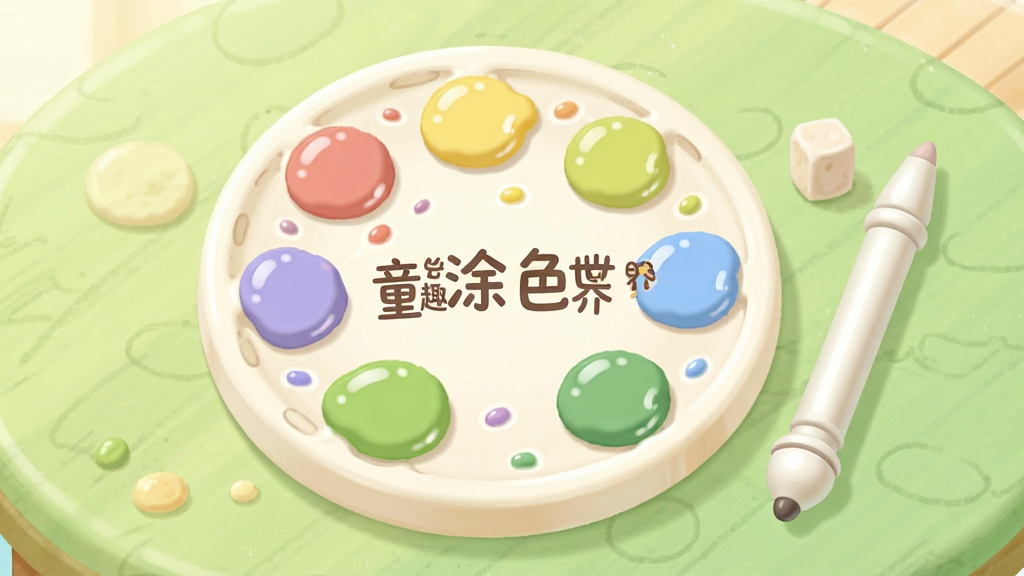 画面中央是一个圆形的儿童调色盘,调色盘上分布着红黄蓝绿等柔和色彩,调色盘旁边放着一支触控笔,背景为浅绿色桌面,布局以调色盘为视觉中心,风格为柔和圆润的卡通风格,细节包括调色盘上的颜料光泽、触控笔的圆润笔头、桌面的细微纹理,画质清晰干净,画面中打文字“童趣涂色世界”,无多余元素