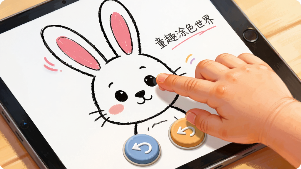 画面展示一只儿童的小手正在点击平板屏幕上的卡通兔子线稿,兔子耳朵区域被填上粉色,屏幕下方有撤销和重做两个圆形按钮,布局以手和屏幕为对角线构图,风格为温馨写实的插画风,细节包括手指的柔和光影、屏幕上的色彩填充动画效果、按钮的立体感,画质清晰干净,画面中打文字“童趣涂色世界”,无多余元素