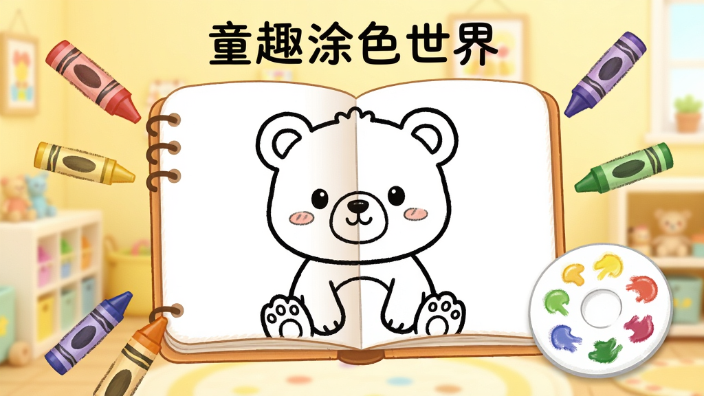 画面中央是一本打开的虚拟涂色画册,画册上呈现一只可爱卡通小熊的线稿,周围漂浮着彩色蜡笔与调色盘,背景为明亮的浅黄色儿童房,布局以画册为主体居中展示,风格为温暖治愈的卡通插画风,细节包括蜡笔的笔触纹理、调色盘上的彩色颜料点、画册边缘的圆角设计,画质清晰干净,画面中打文字“童趣涂色世界”,无多余元素