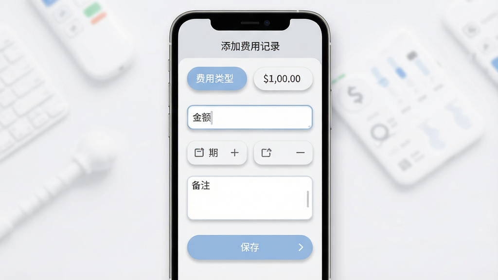 水电网费用管家操作界面展示图,画面主体为一部手机,屏幕上显示添加费用记录的填写页面,页面包含费用类型选择按钮、金额输入框、日期选择器和备注栏,下方有保存按钮,界面布局简洁明了,风格为柔和圆角扁平设计,配色以浅灰和淡蓝为主,细节包括输入框边框、图标和按钮阴影,画质高清,画面干净,无多余元素