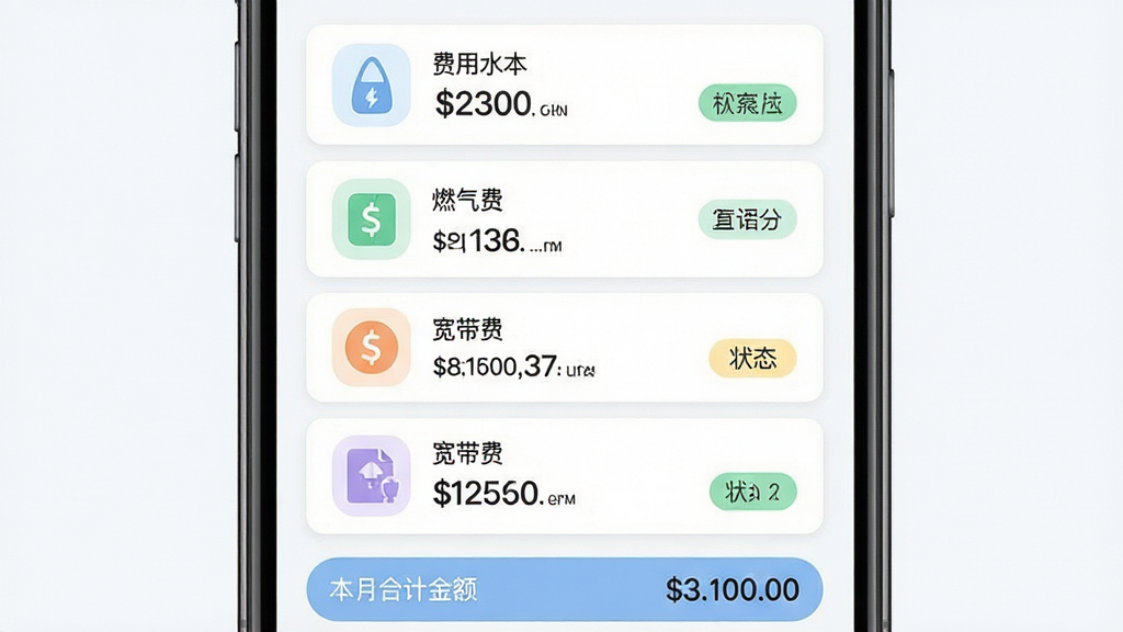 水电网费用管家多类费用管理界面展示图,画面主体为一部手机,屏幕内呈现水费电费燃气费宽带费四类费用卡片纵向排列,每张卡片左侧有对应图标,右侧显示金额和状态标签,卡片下方有本月合计金额汇总条,布局整齐,风格为清新浅色扁平设计,配色柔和,细节清晰,画质高清,画面干净,无多余元素