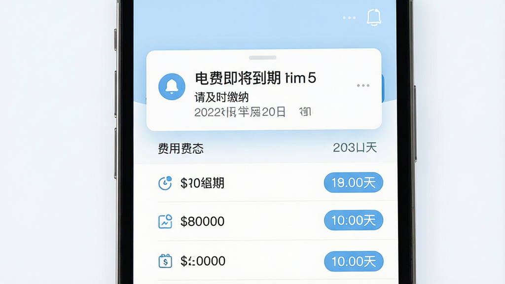 水电网费用管家缴费提醒功能展示图,画面主体为手机屏幕,屏幕上显示一条缴费提醒通知弹窗,通知内容为电费即将到期请及时缴纳,弹窗下方有费用列表页面,列表中每一项费用右侧带有倒计时天数标签,布局为上下结构,风格为简约商务扁平设计,配色以白色和浅蓝色为主,细节包括通知图标、日期数字和状态标签,画质高清,画面干净,无多余元素