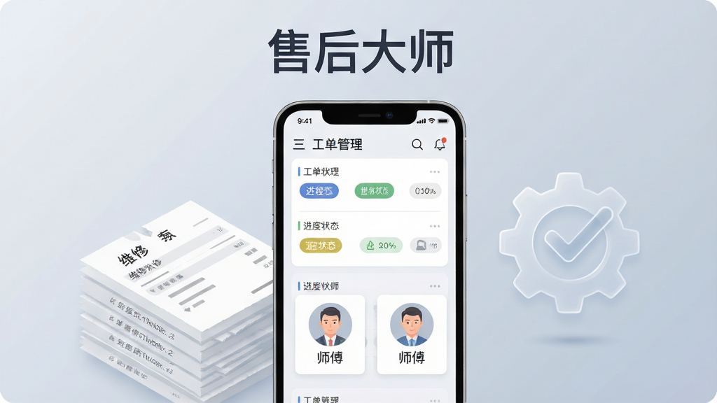 画面中央一部智能手机竖立展示,屏幕内呈现售后工单管理界面,包含工单列表、进度状态标签与师傅头像卡片,手机左侧放置一叠整齐的纸质维修单据,右侧悬浮一个半透明的齿轮与对勾组合图标象征流程闭环,背景为浅灰蓝色渐变,整体采用扁平化商业插画风格,细节清晰,画质干净,无多余元素,画面顶部居中书写“售后大师”四个字