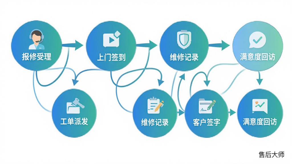 一张横向流程示意图,从左至右依次排列“报修受理”“工单派发”“上门签到”“维修记录”“客户签字”“满意度回访”六个圆形节点,节点之间以带箭头的曲线连接,每个节点配一个简洁的扁平图标,整体配色为蓝绿渐变,背景纯白,风格简洁商务,画面右下角标注“售后大师”小字,画质清晰干净,无多余装饰元素